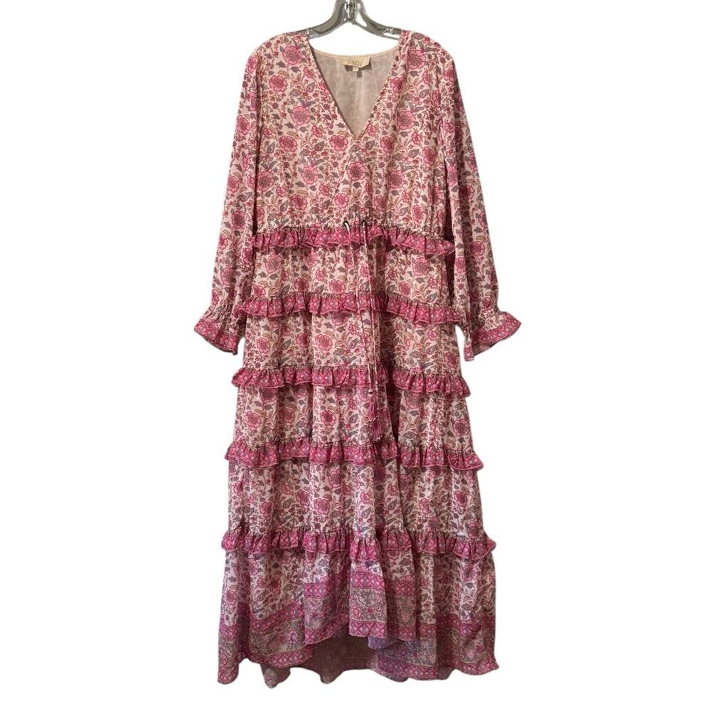 Love The Label‎ Women Size Large Dress Tiered Ruffles Lined Tied Pink Peasant